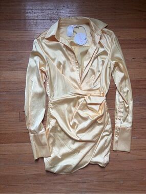 Luxxel Pale Yellow Satin Wrap-Style Long Sleeve Dress